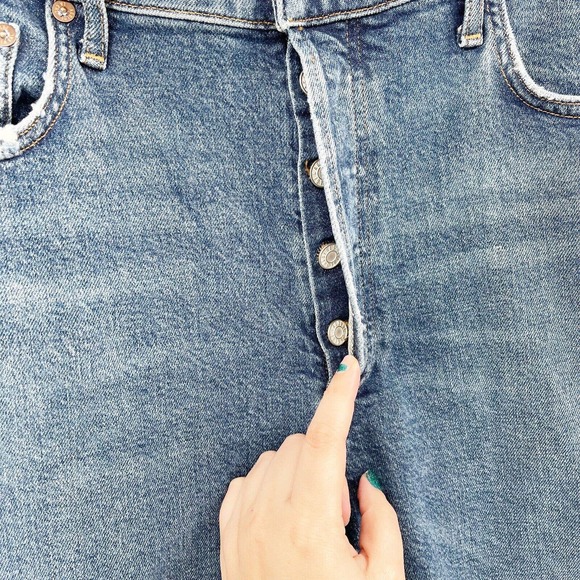 Agolde Riley Straight Crop Jeans Sz 32 Blue High Rise Button Fly Distressed - Picture 3 of 12